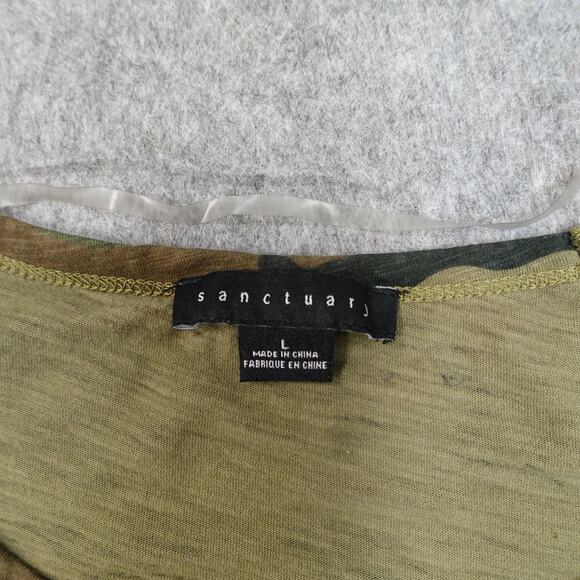 Sanctuary Top Womens Large Scoop Neck Camo Green Brown Knot Front Casual Tee - Picture 2 of 9